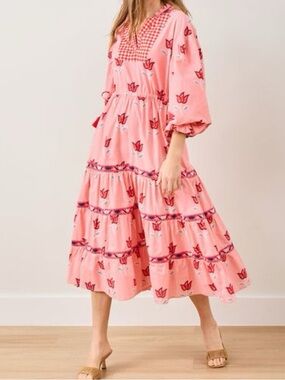 Printfresh Floral Pink Tiered Midi Dress with Gingham Neckline